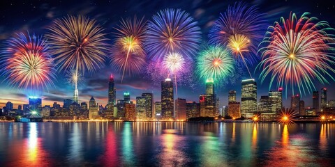 Fototapeta premium Panoramic Fireworks Display Over Cityscape, 4th of July Celebration