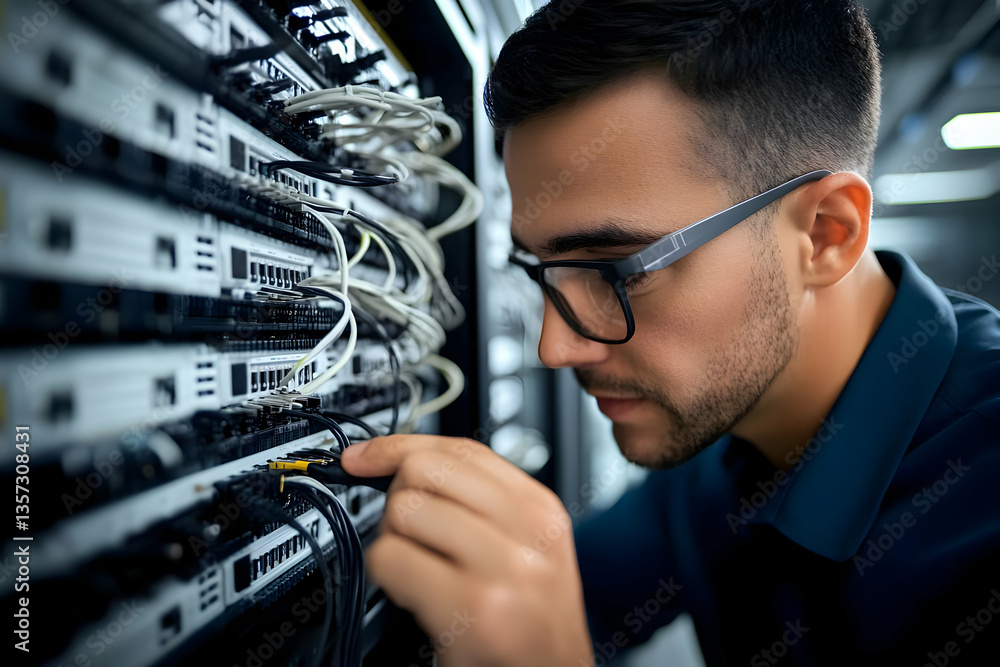 Poster a focused technician works on server connections in a data center, showcasing precision and technica