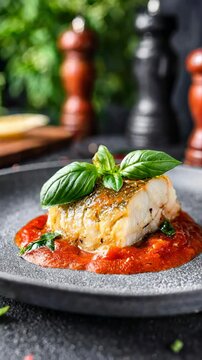 Beautifully plated fish fillet is garnished with fresh basil leaves, resting on a vibrant red tomato sauce.