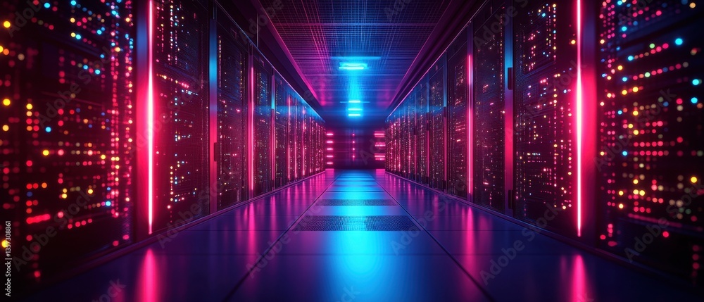 Poster futuristic server room illuminated by neon lights showcasing data storage and processing capacity wi