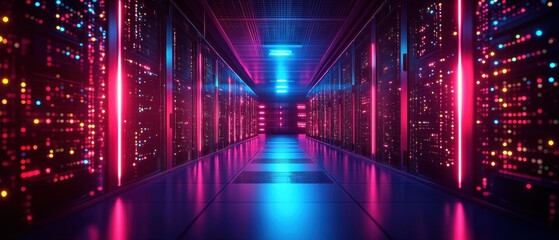 Futuristic server room illuminated by neon lights showcasing data storage and processing capacity with a modern aesthetic and technological sophistication