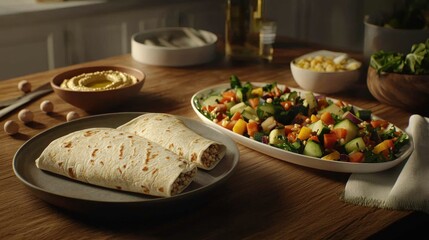 Healthy wraps on a wooden table with colorful side dishes