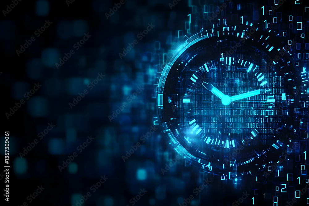 Poster a futuristic clock with digital elements, representing data and time in a blue, high-tech environmen