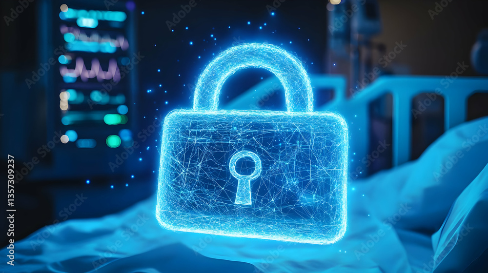 Poster a futuristic digital lock symbolizing data security in a healthcare setting, highlighting the import