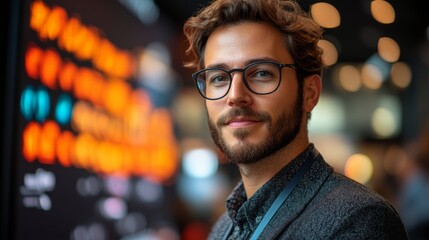 Fototapeta premium A logistics professional with glasses stands confidently at a busy distribution hub, overseeing inventory and sorting processes during peak operations in the warehouse.