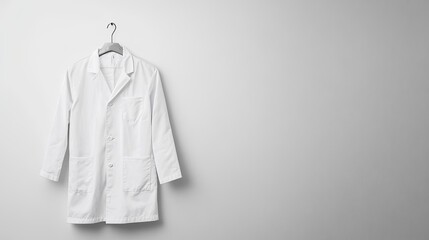 A minimalist photo of a white lab coat hanging on a clean wall. background