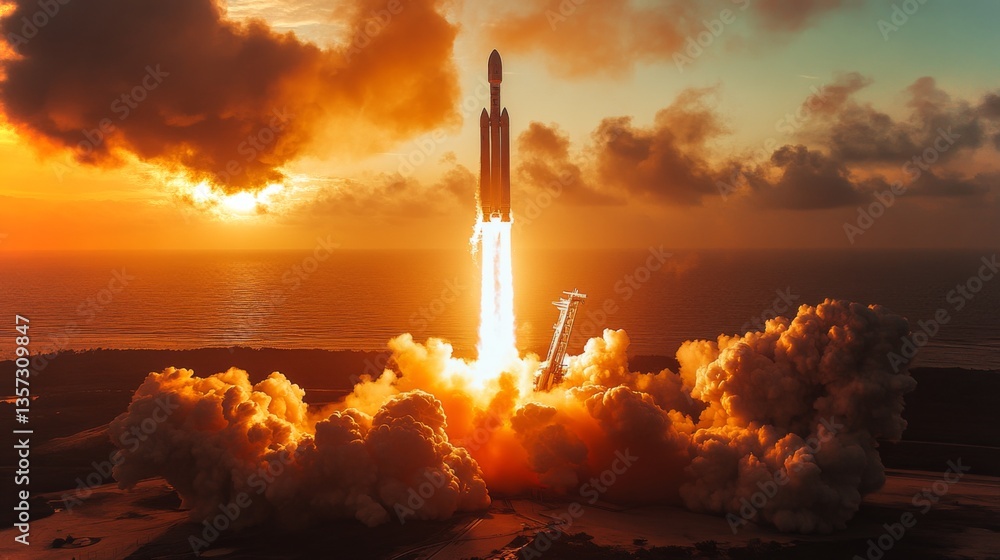 Poster a rocket lifts off powerfully from the launch pad as flames and smoke erupt behind it. the vibrant c