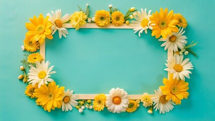 Obraz premium A vibrant spring flower frame on a soft blue background, creating a fresh and elegant copy space for a flat lay mock-up