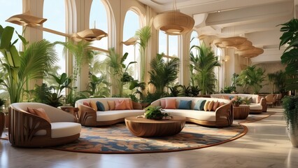 Obraz premium Luxurious hotel lobby with ornate wooden ceilings