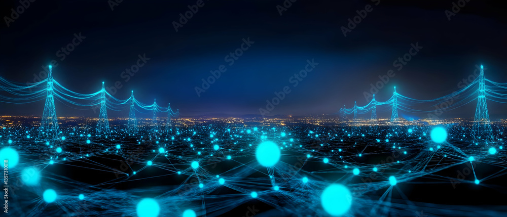 Poster a futuristic landscape showcasing interconnected power lines and networks in a digital atmosphere, s
