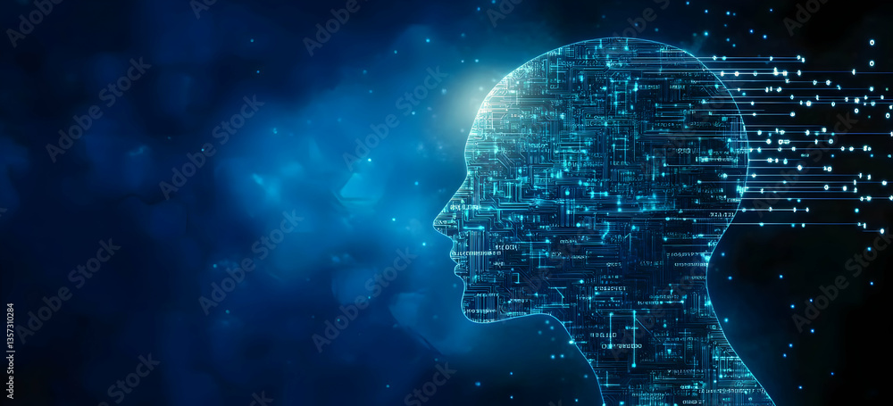Poster a futuristic representation of a human head formed from digital data and code, symbolizing artificia
