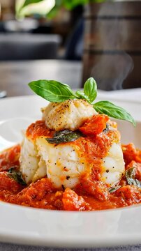 Gourmet fish dish topped with fresh basil and savory tomato sauce served in an elegant setting.