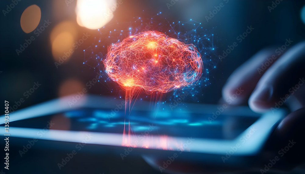 Poster a futuristic representation of brain activity displayed on a tablet, showcasing the intersection of 
