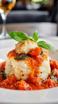 Gourmet fish dish topped with fresh basil and savory tomato sauce served in an elegant setting.