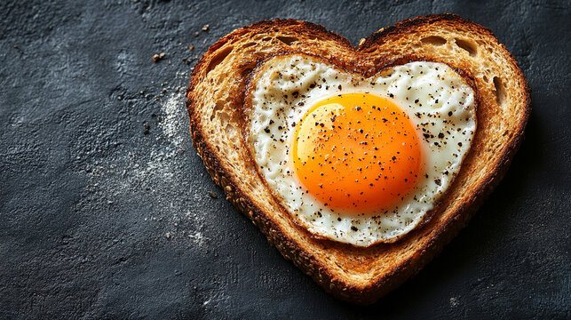 A realistic toasted bread slice with a heart-shaped cutout, holding a sunny-side-up egg. The golden crispy toast and vibrant yolk symbolize love, warmth, and nourishment