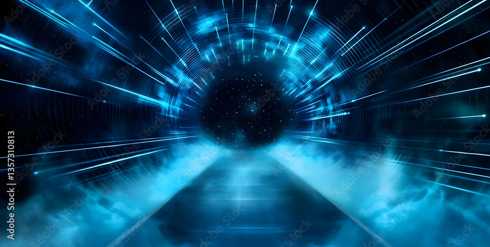 Poster a futuristic tunnel with vibrant blue light streaks creating a sense of speed and motion, symbolizin