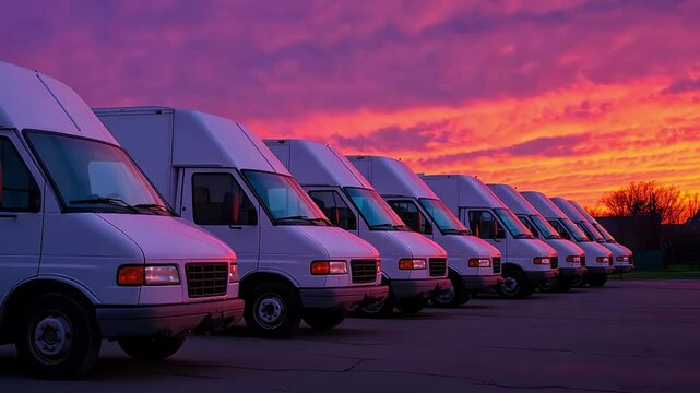 White delivery vans parked in a row at sunset. Vibrant, colorful sky.