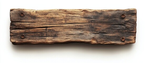 Obraz premium Rustic weathered wood plank with nail holes on a white background showcasing texture and age for design elements and backgrounds