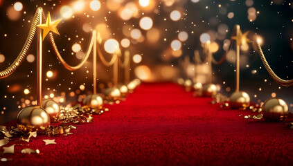 A glamorous red carpet event setup with golden ropes and sparkling lights creates an elegant atmosphere for celebration.