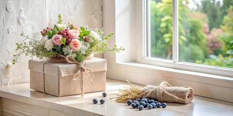 A delicate arrangement of roses and wildflowers sits atop a gift box, accompanied by blueberries and dried stalks near a sunlit window.