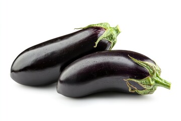 Two Fresh Eggplants on White Background Ready for Culinary Use