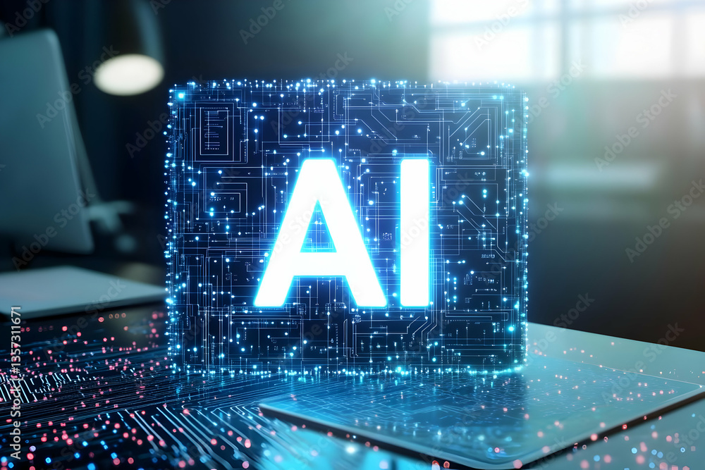 Poster a glowing ai sign representing the future of technology and innovation in a modern workspace with di
