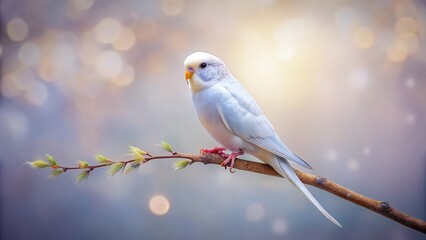 Fototapeta premium Elegant White Budgie Bird Posing Gracefully on Branch, Studio Shot