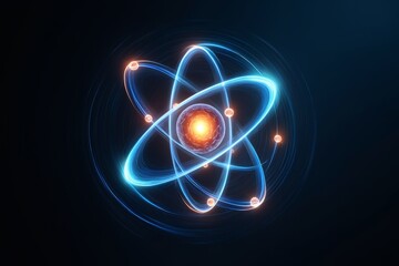 Atom with rotating electrons, energy and matter concept background
