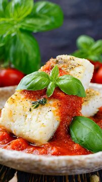 Fried cod fillet with tomato sauce and basil leaves served on a plate.