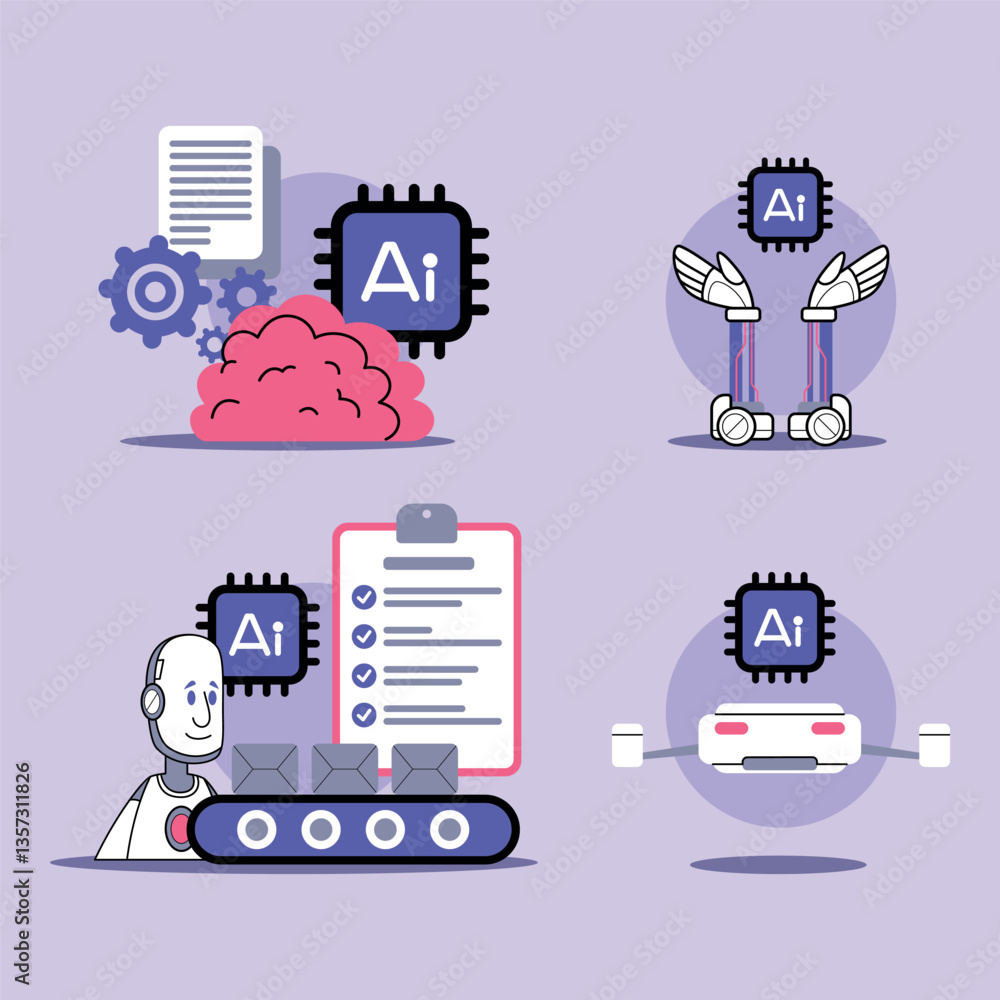 Poster collection of various ai concepts and applications, including robotic elements, document processing,