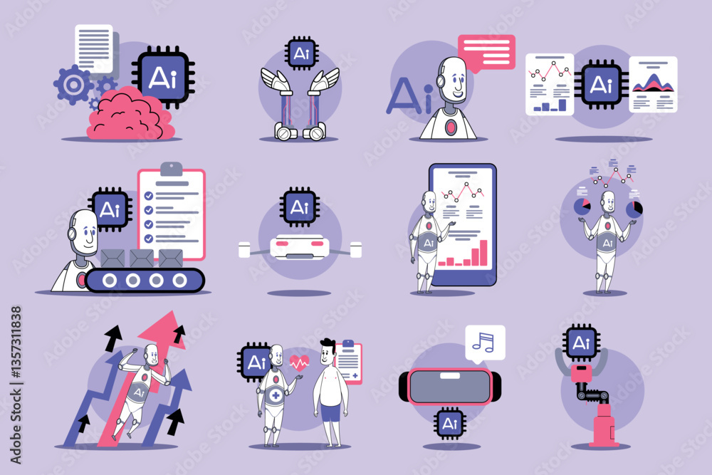 Poster collection of different aspects of artificial intelligence, including data analysis, robotics, and a