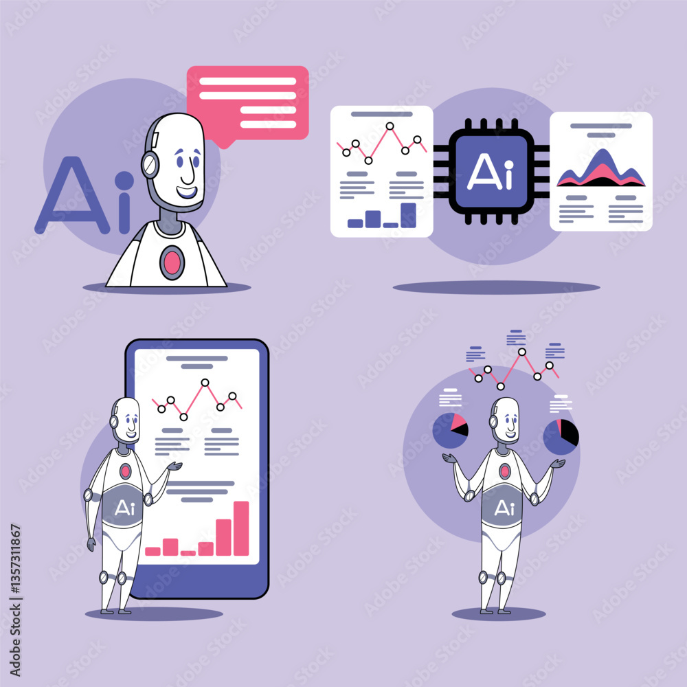 Poster set of various artificial intelligence themes, featuring robots interacting with data visualizations