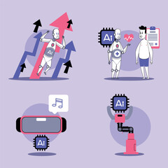 Colorful collection of illustrations with various aspects of artificial intelligence, including robots engaging in activities, fitness, healthcare, and music. Innovation concept