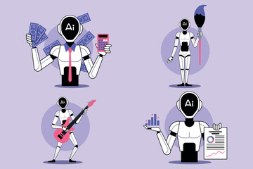 Four robots actively participating in different pursuits, including finance, art, music, and analytics