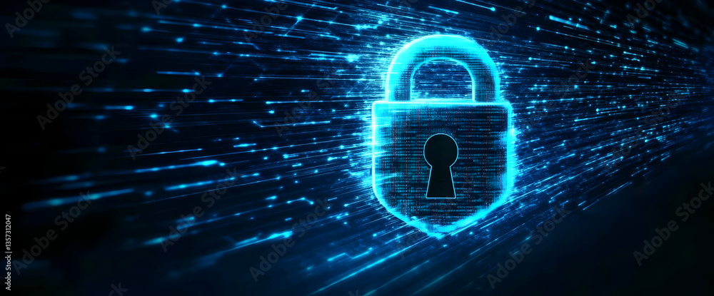 Poster a glowing digital lock on a dark background symbolizes cybersecurity and data protection in the digi