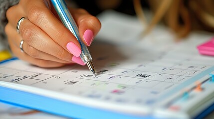 A close-up of a person hand writing in a planner with a gel pen pic