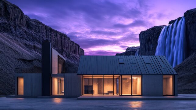 A contemporary residence with a dark, metallic gable roof, large square windows, and a neutral concrete facade