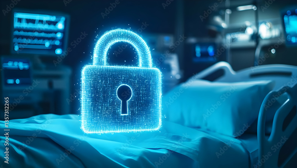 Poster a glowing digital padlock symbolizing data security in a healthcare setting, emphasizing the importa