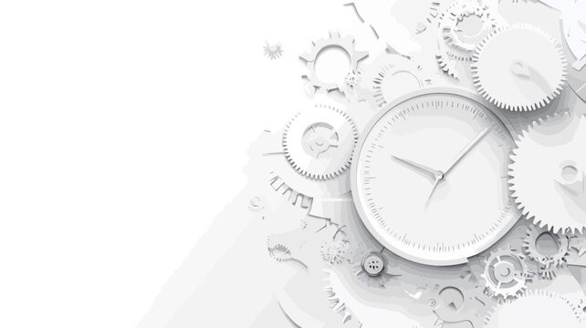 High-angle, close-up view of a white analog clock surrounded by various smaller white gears and cogs on a white background. The image is monochromatic, with a minimalist aesthetic. The clock face