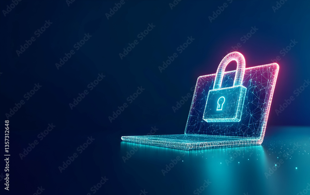 Poster a glowing laptop with a digital lock symbol, representing cybersecurity and data protection in a mod