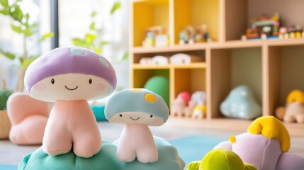 Three Playful Pastel Mushroom Plush Creatures in a Bright and Fun Playroom Setup