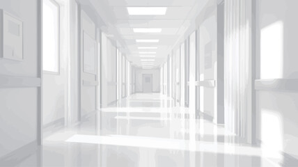 Obraz premium The image shows a long, straight corridor with white walls, doors, and flooring. The corridor is brightly lit, creating a clean and sterile appearance. The perspective is from the end of the