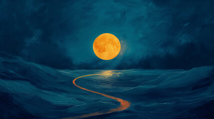 A painting of a yellow moon on a dark blue sky with a long, winding road