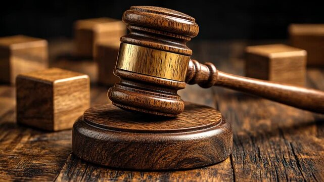 Wooden gavel on rustic table, legal proceedings, authority, justice