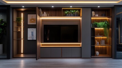 A contemporary TV cabinet with a light strip incorporated into the design, featuring a dark gray and wood finish