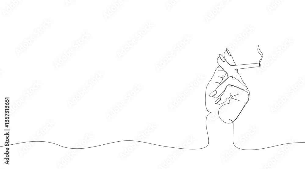 Poster Continuous one line drawing hand holding a cigarette with cigarette smoke. Vector.