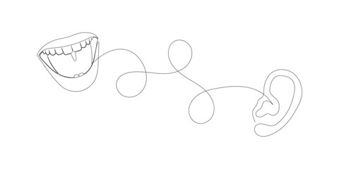 Continuous one line drawing of mouth that speaks into the ear. Concept of secrets and gossip or news and propaganda. Vector.