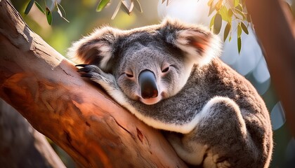 Fototapeta premium a sleepy koala resting in the branches of a eucalyptus tree with soft sunlight filtering through the leaves