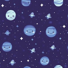 Delightful seamless pattern featuring cheerful cartoon planets, rockets, astronauts, and stars in deep blue and purple tones Generative AI