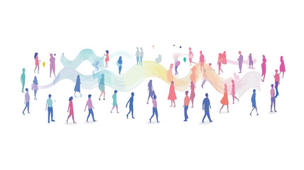 The image is an illustration featuring a large group of diverse people depicted as simple, stylized figures walking in a flowing, serpentine pattern. They move through and around abstract,